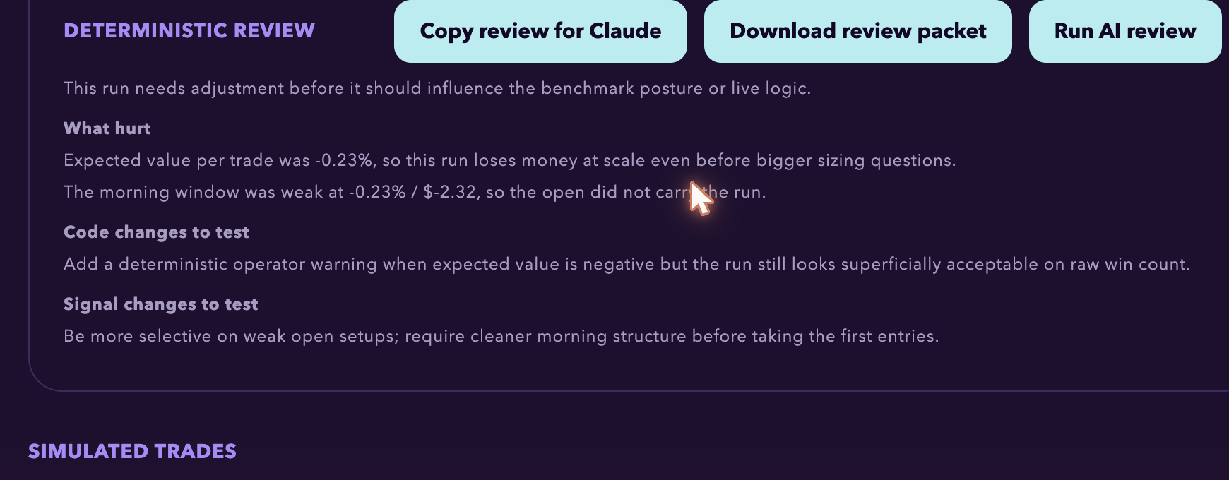 Example AI review of a posture's live performance